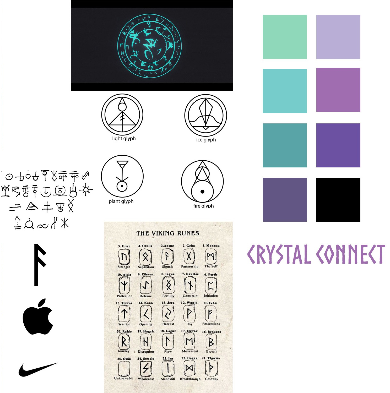 The second half of the inspiration board. Shows different runes as well as font ideas and a test color palette
